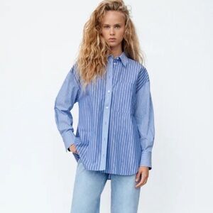 Zara Blue Poplin Striped Button Down Shirt